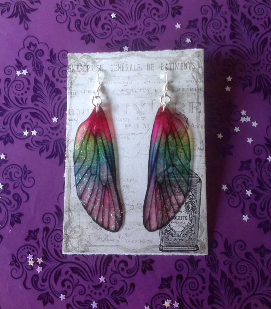 Large Deep Pink and Green Mackintosh Style Fairy Wing Sterling Silver Earrings