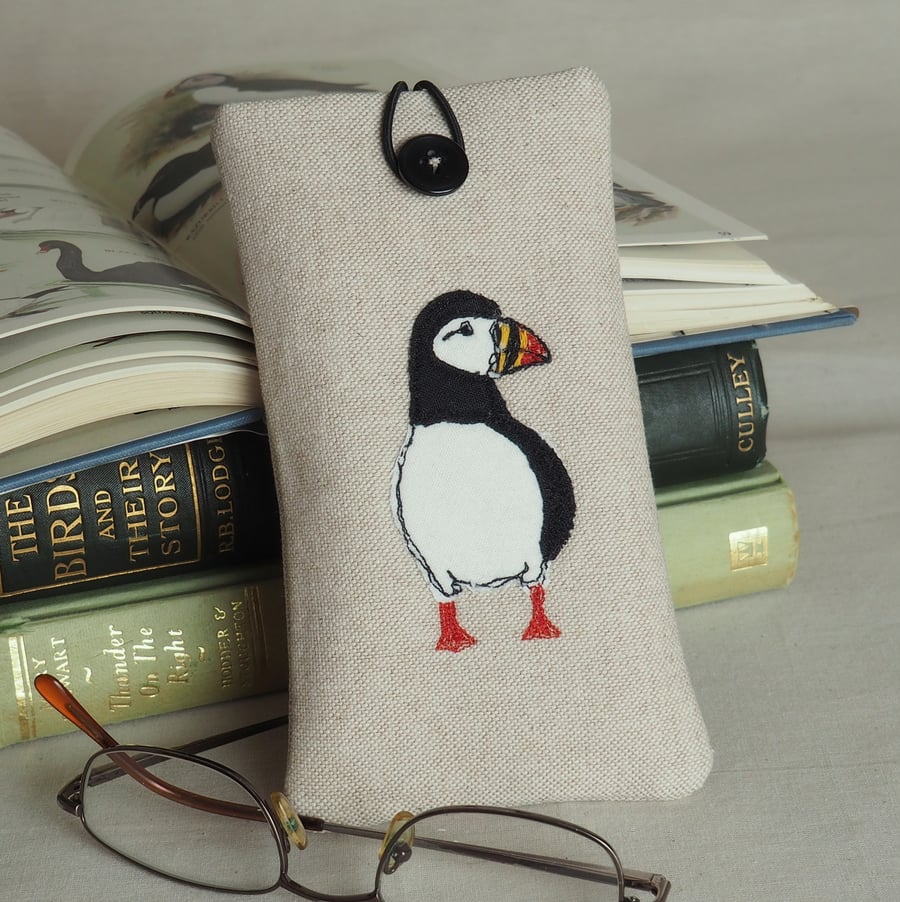 Glasses Spectacles Case Handmade Puffin Design Freehand Machine Embroidered 