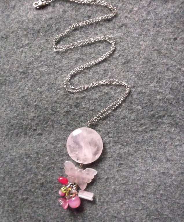 Rose Quartz Butterfly Long Necklace LAST ONE LEFT