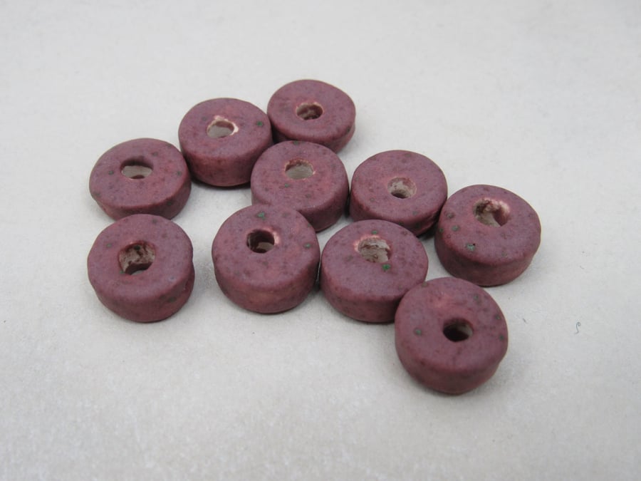 10 Small Speckled Damson Purple Glazed Ceramic Washer Beads