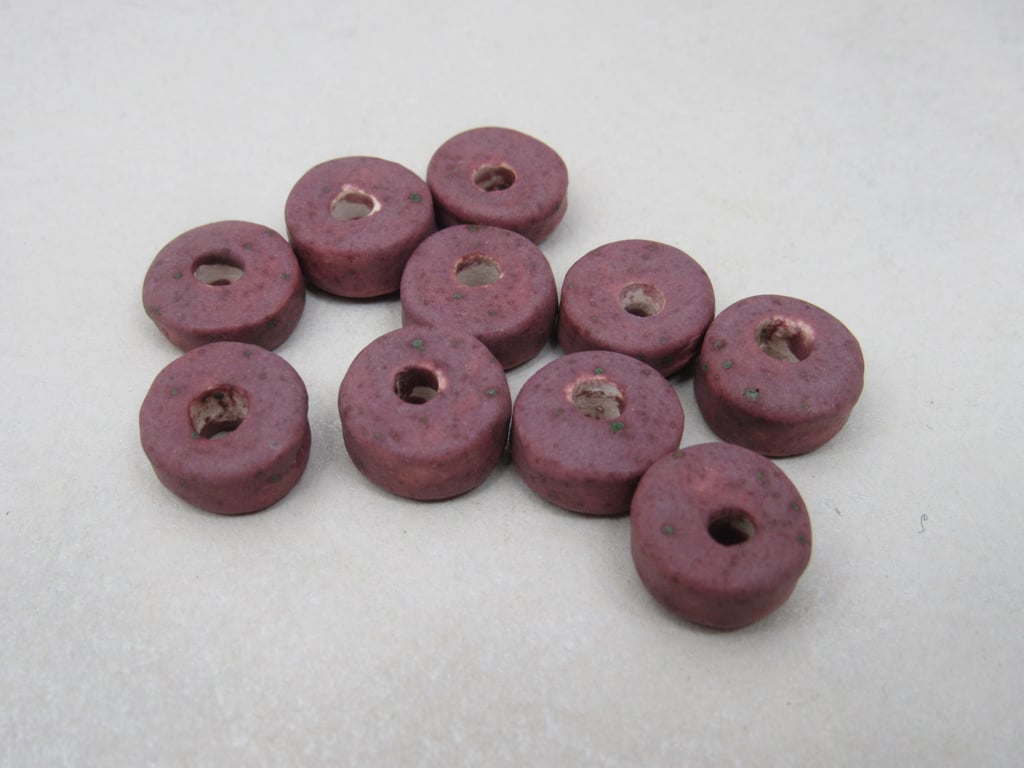 10 Small Speckled Damson Purple Glazed Ceramic Washer Beads