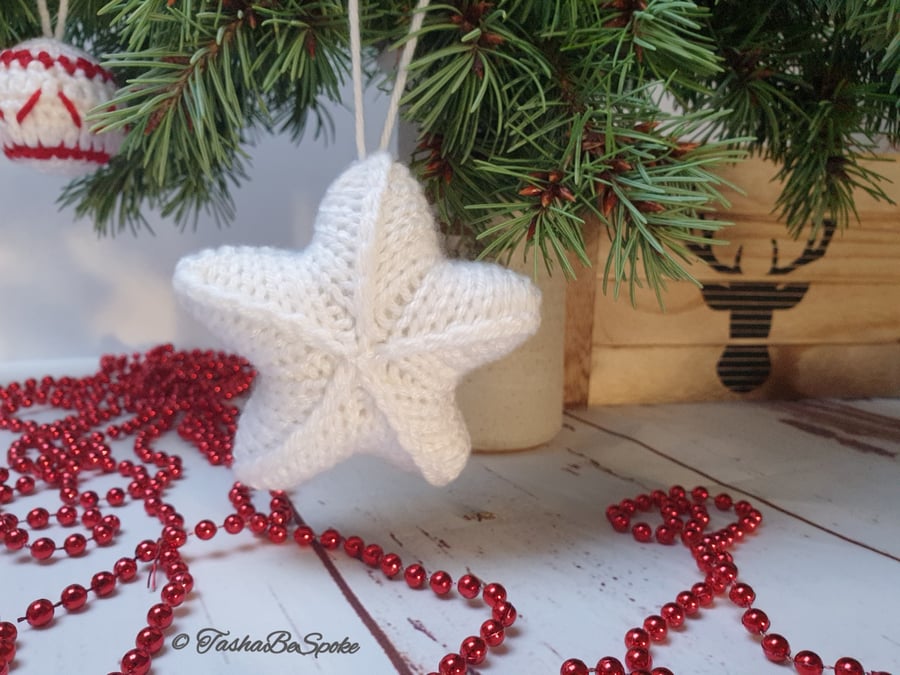 Hand knitted star, Christmas tree ornament, White knitted star