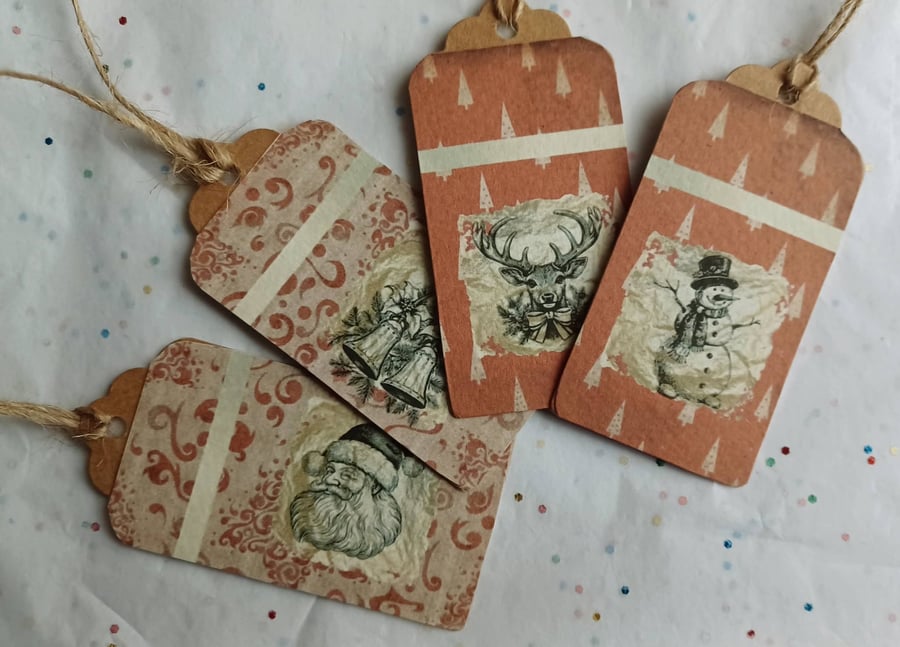 Set of 4 Vintage Inspired Kraft Christmas Gift Tags