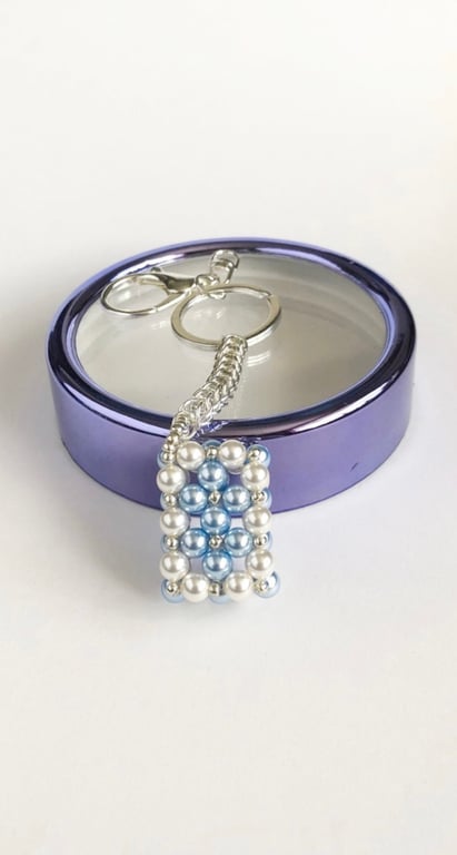 Cream and Blue Rectangle Pearl Handbag Charm, with a Chainmaille Chain, Keyboard