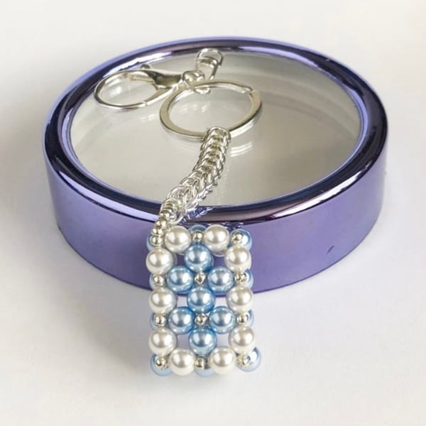 Cream and Blue Rectangle Pearl Handbag Charm, with a Chainmaille Chain, Keyboard
