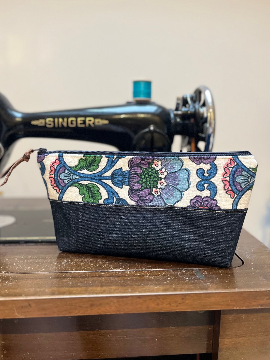 Dark denim and vintage barkcloth pouch