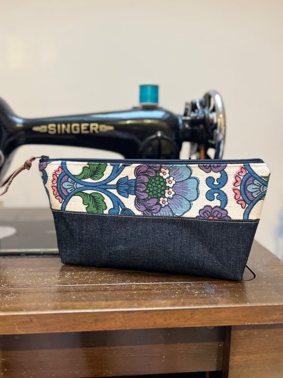 Dark denim and vintage barkcloth pouch