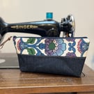 Dark denim and vintage barkcloth pouch