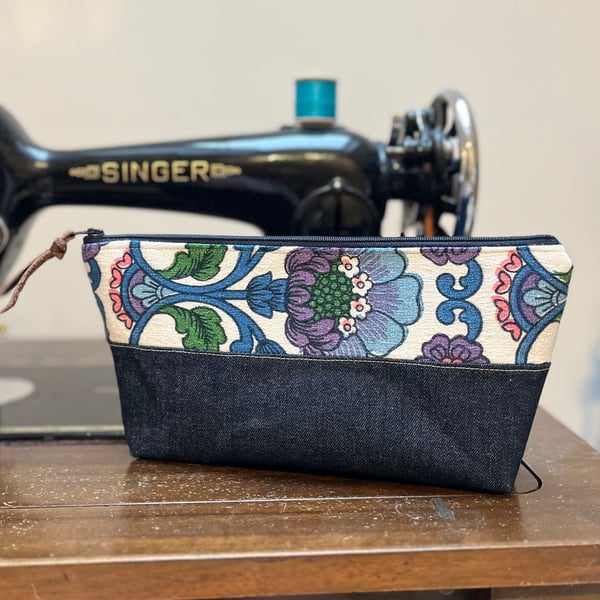 Dark denim and vintage barkcloth pouch