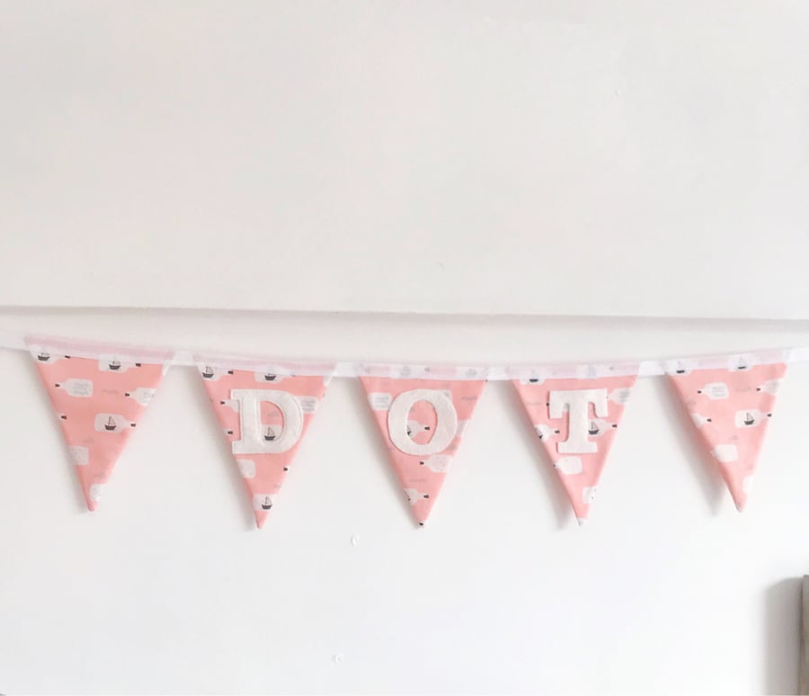 Personalised Bunting in pink with white felt lettering 
