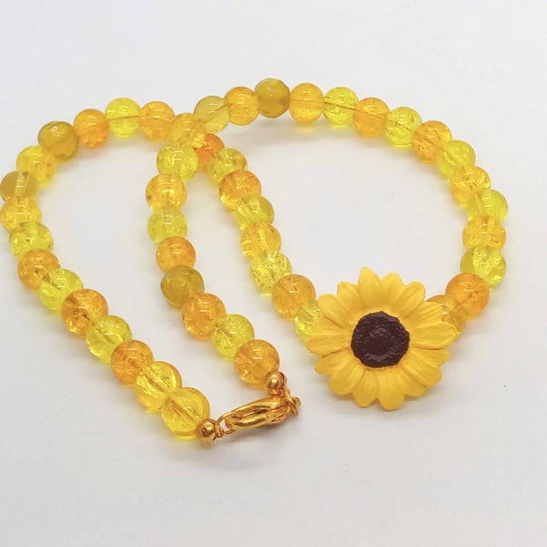 Yellow Sunflower Button & Glass Bead Necklace, Mothers Day Gift, Floral Necklace