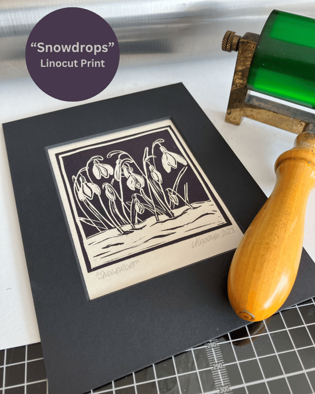 Lino Print - "Small Snowdrops"