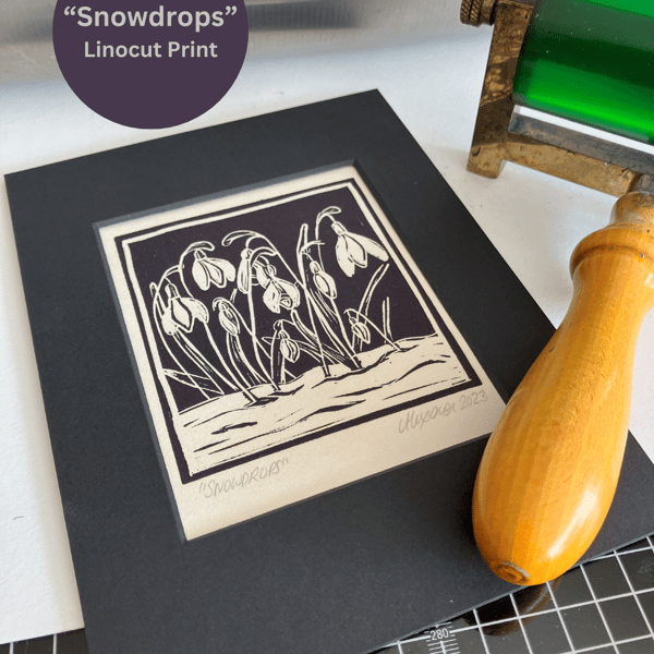 Lino Print - "Small Snowdrops"