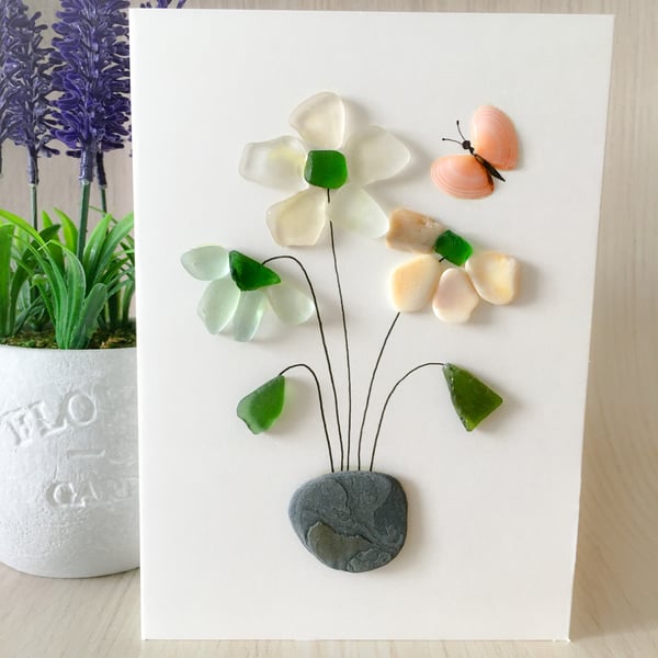 Cornish sea glass ‘flower pot’ hand made card
