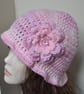 Hand Crocheted 1920s Flapper Hat Beanie Pink With Large Crochet Flower - Image 1