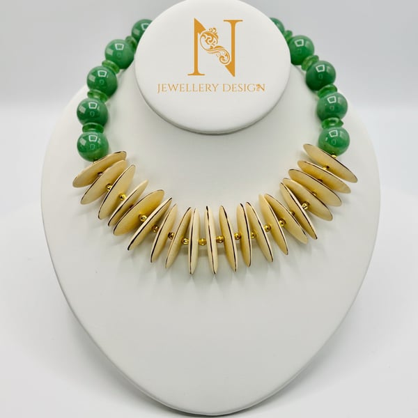 Green Aventurine & Natural Wood Statement Necklace