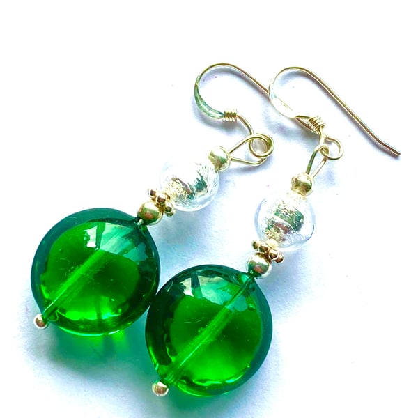 Murano glass earrings with emerald green Murano glass beads and sterling silver.