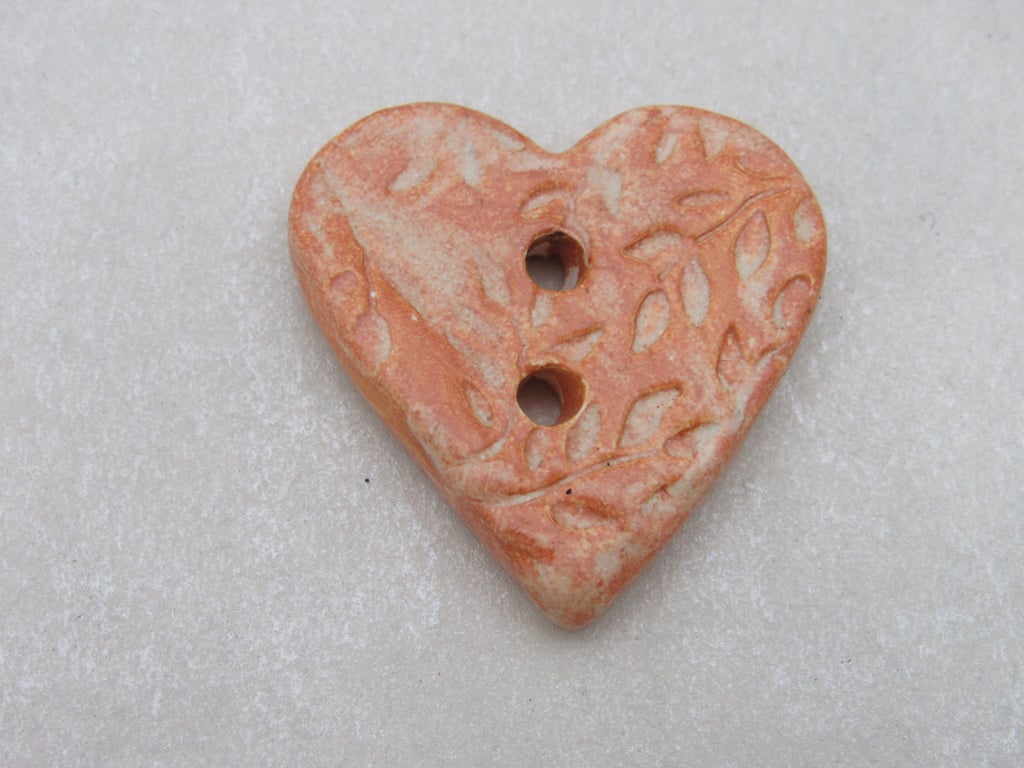 Medium Terracotta Glazed Leaf Sprig Texture Heart Shaped Ceramic Button