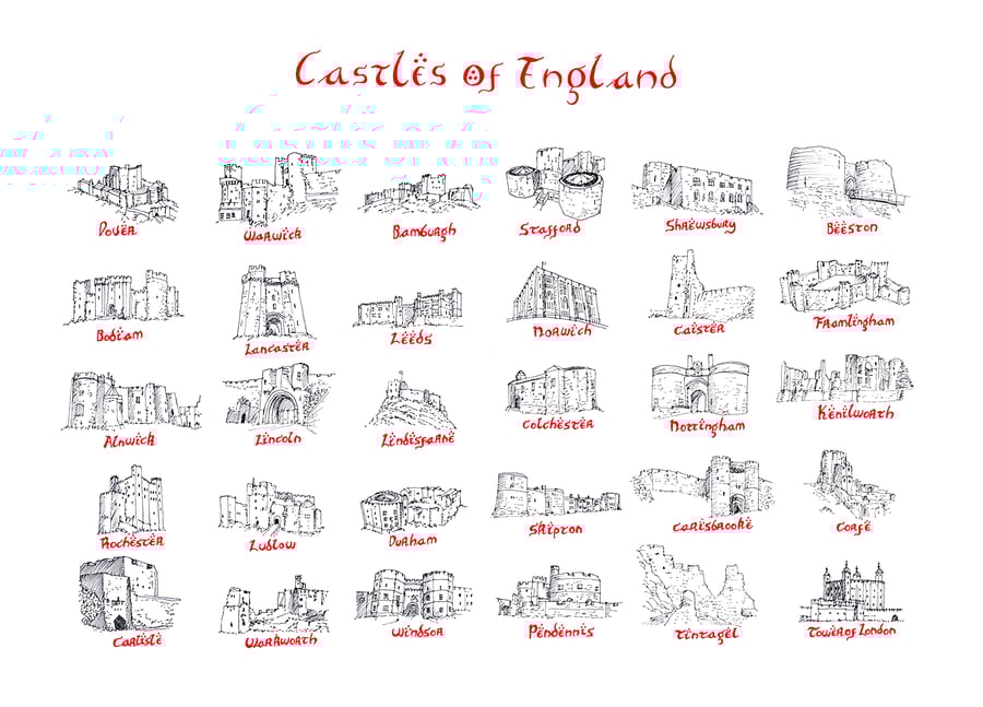 Castles of England Hand Drawn Tolkien Style Artwork