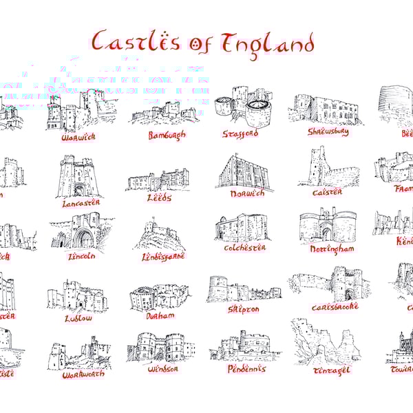 Castles of England Hand Drawn Tolkien Style Artwork