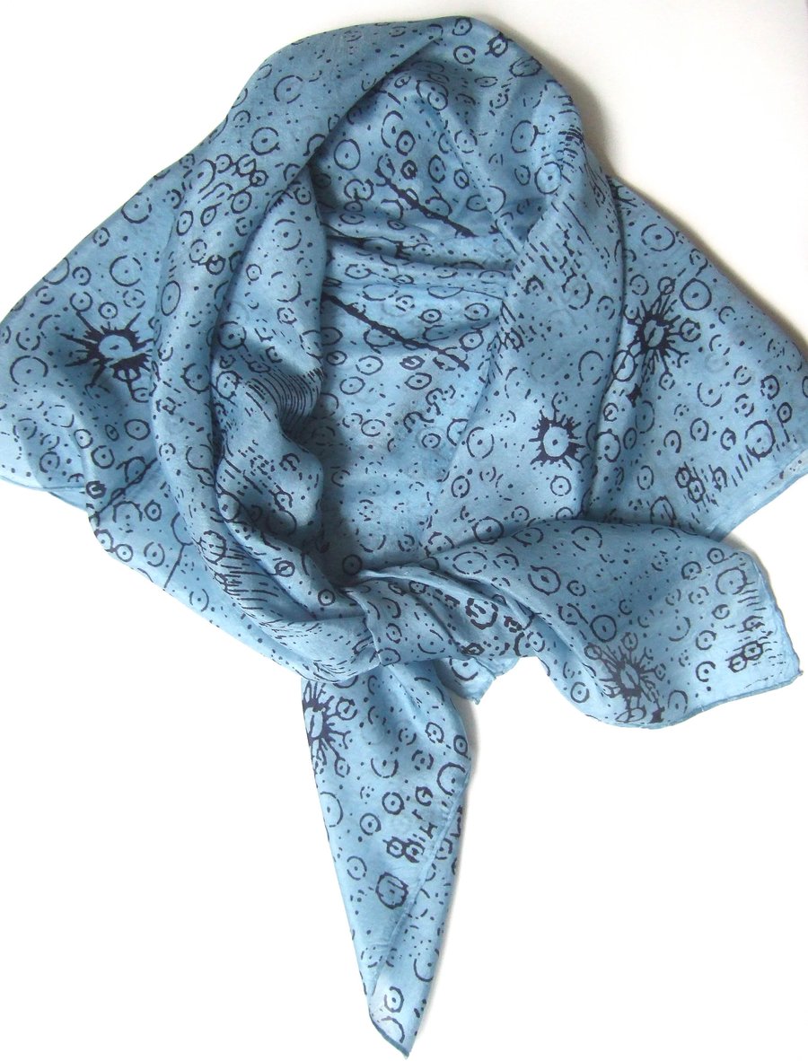 Starry print  printed silk scarf square dusky blue and dark navy blue