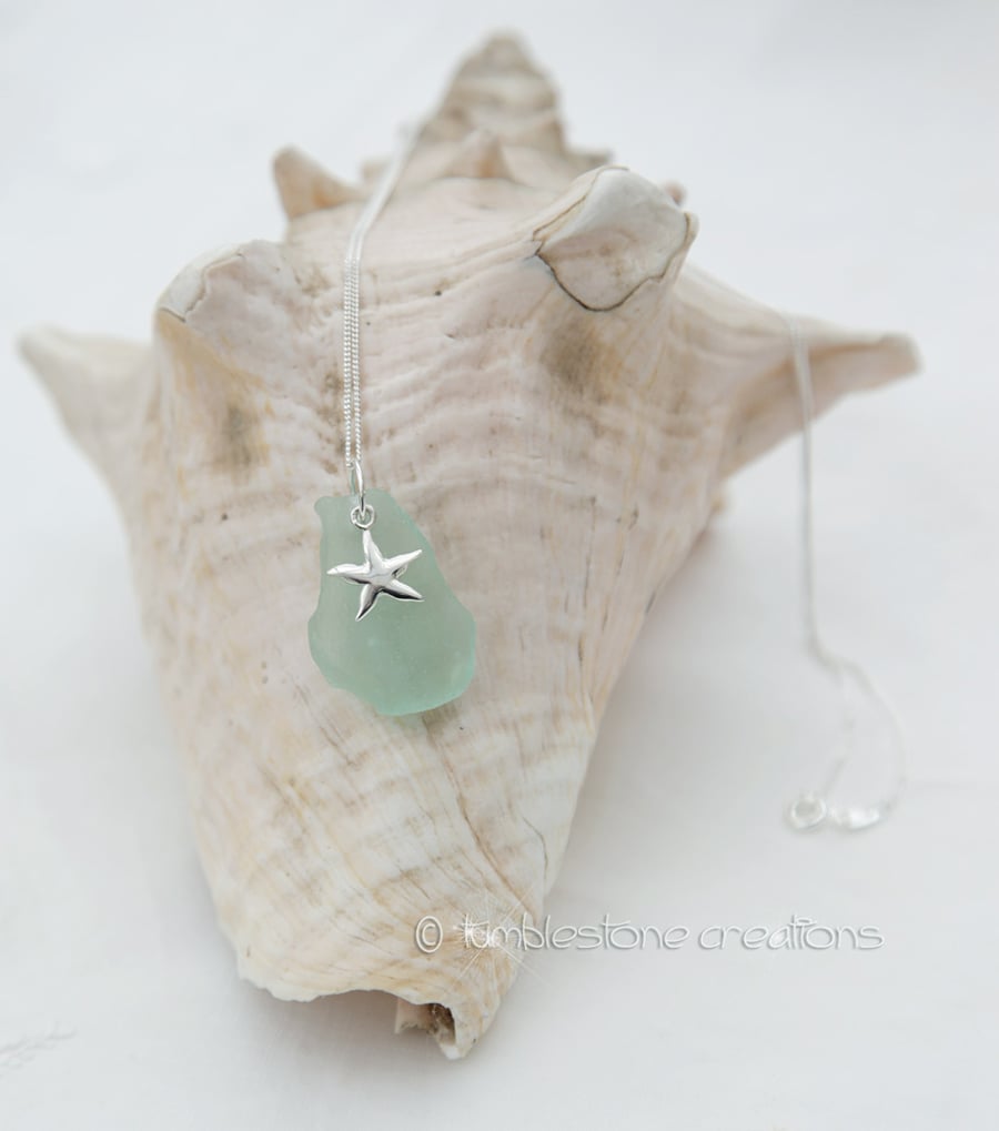 Welsh Sea Glass Pendant with Sterling silver starfish charm