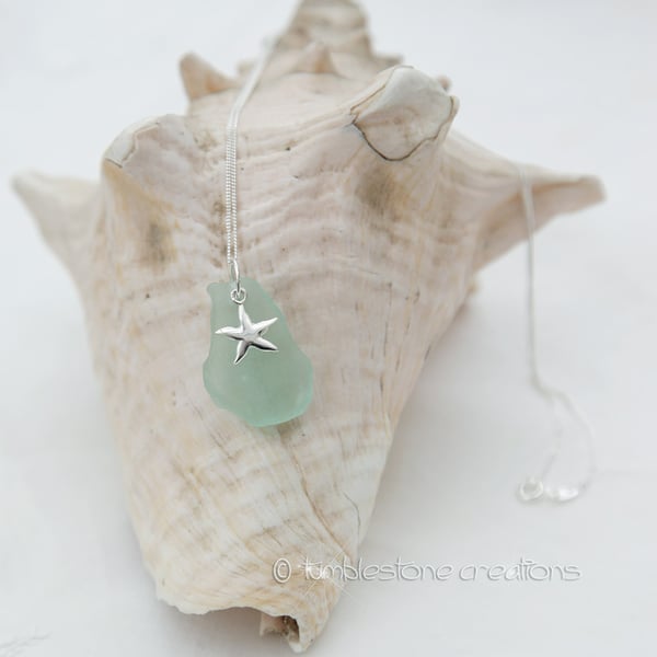 Welsh Sea Glass Pendant with Sterling silver starfish charm