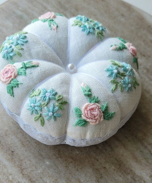 Hand embroidered pin cushion pink roses vintage home decor sewing gift stitching