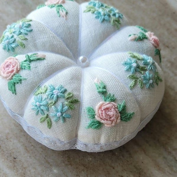 Hand embroidered pin cushion pink roses vintage home decor sewing gift stitching
