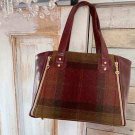 Handbag - Burgundy Red Leather and Tweed Shoulder Bag - Genuine Rescued Leather