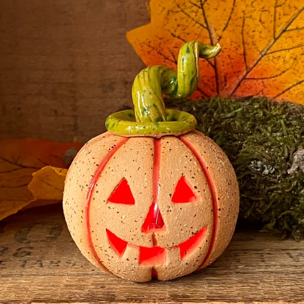 Ceramic pumpkin light up decoration carved face Jack o lantern no3