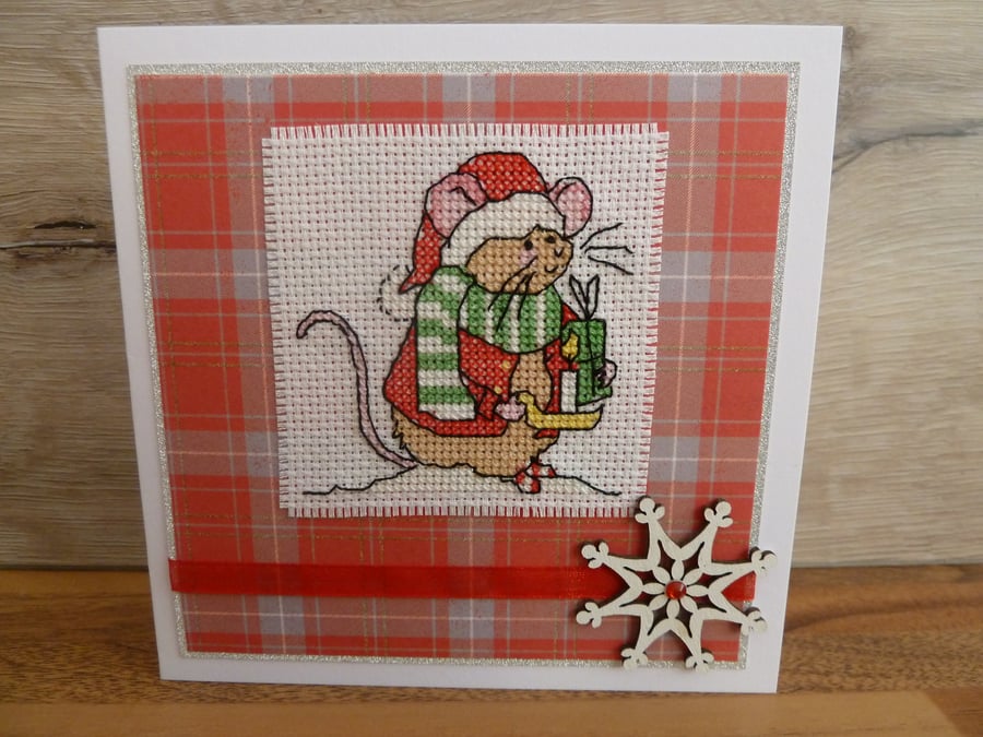 mouse cross stitch christmas card