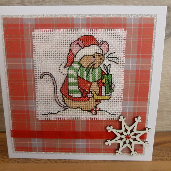 mouse cross stitch christmas card