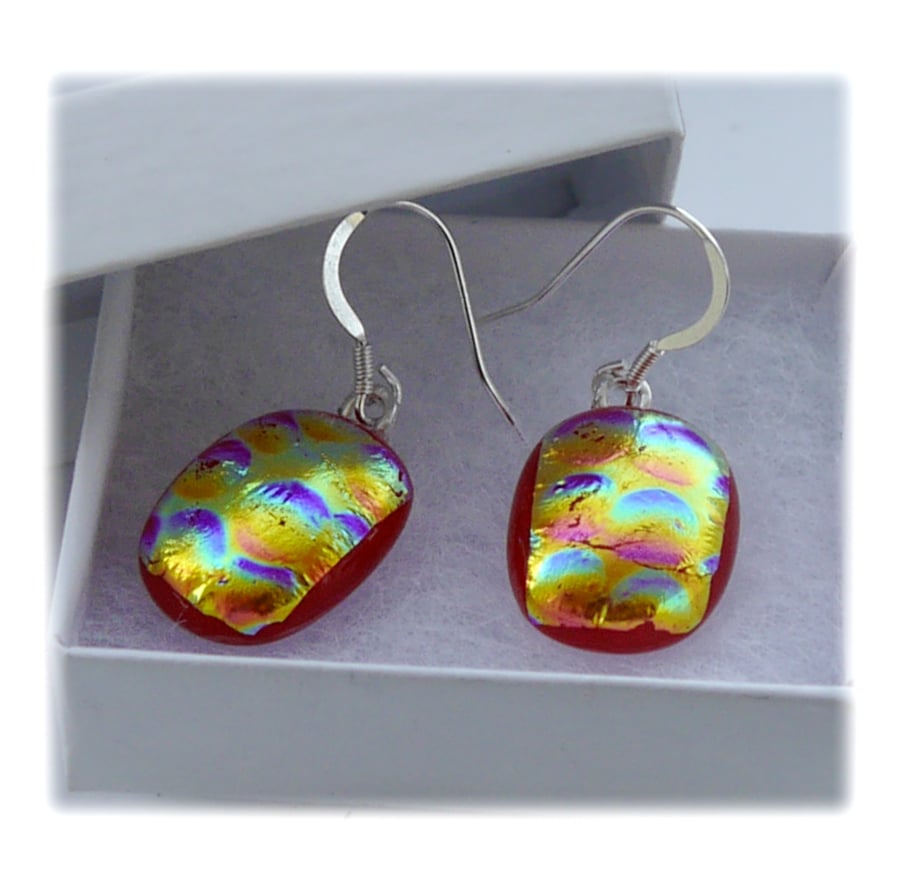 Handmade Fused Dichroic Glass Earrings 203 Red Gold bubbles