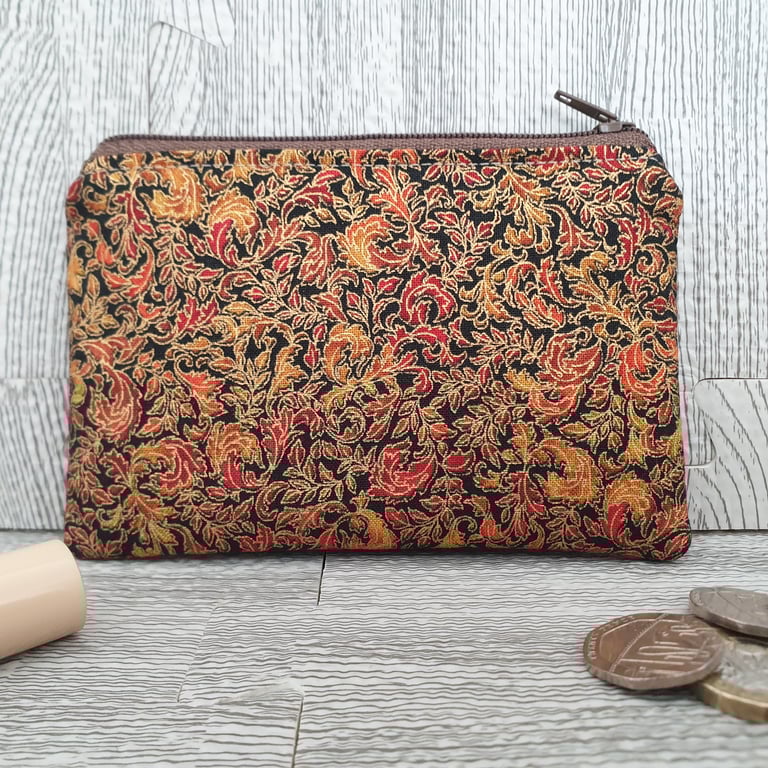 Red & Gold Handmade Cotton Coin Purse – Quilted Lined Small Wallet