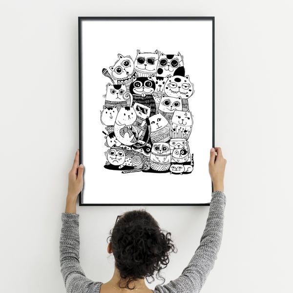 Funny cats print, funny cats black and white illustration, gift for cat lover