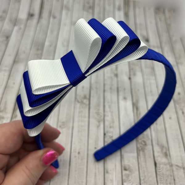 Cobalt Hairband with 5 Layer Cobalt Blue and White Two-tone Straight Bow