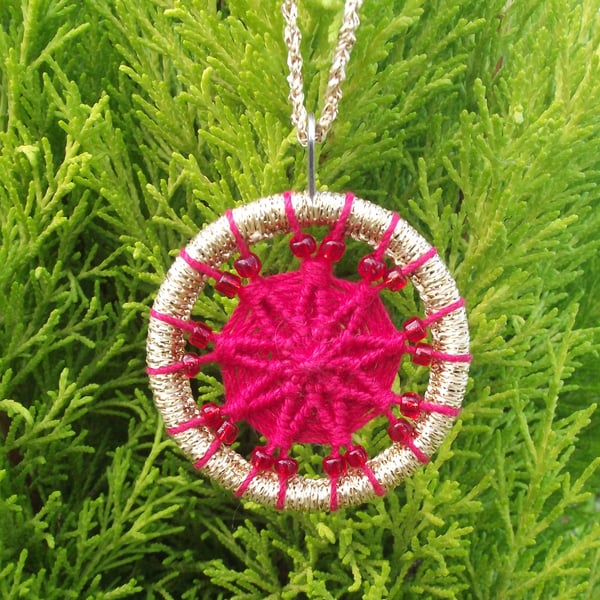 Christmas Decoration, Dorset Button, Red, Gold, Red Beads, Handmade