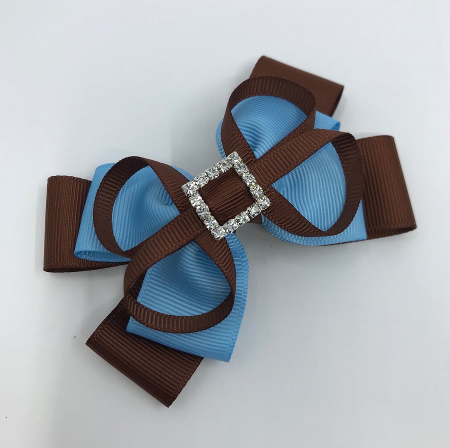 Brown and Light Blue Layer Bow with Brown Loops on Clip