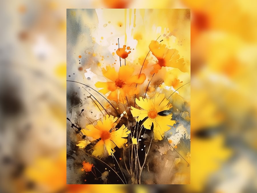 Vibrant Yellow Flowers, Oil Painting Print, Floral Art, Spring Decor 5x7