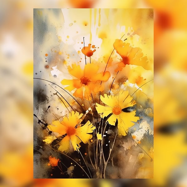 Vibrant Yellow Flowers, Oil Painting Print, Floral Art, Spring Decor 5x7