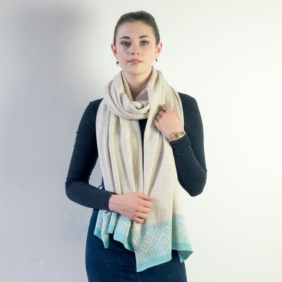 Knitted lambswool wrap - linen and seafoam