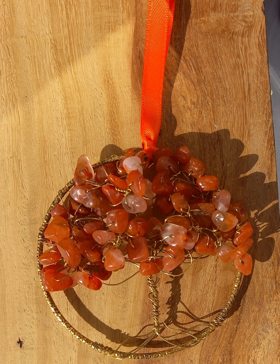 Carnelian  Crystal tree of life bangle hanger on a ribbon 