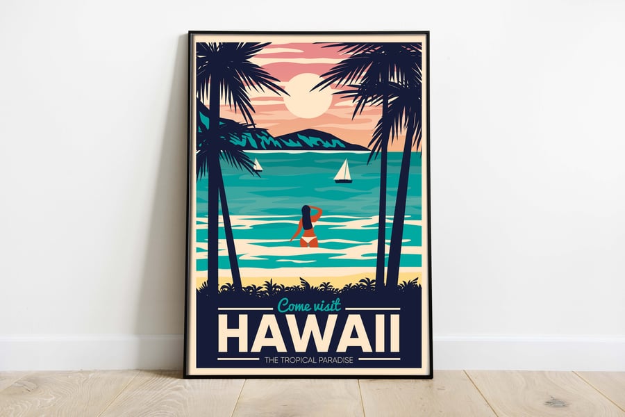 Hawaii retro travel poster, Hawaii paradise wall print, retro wall art
