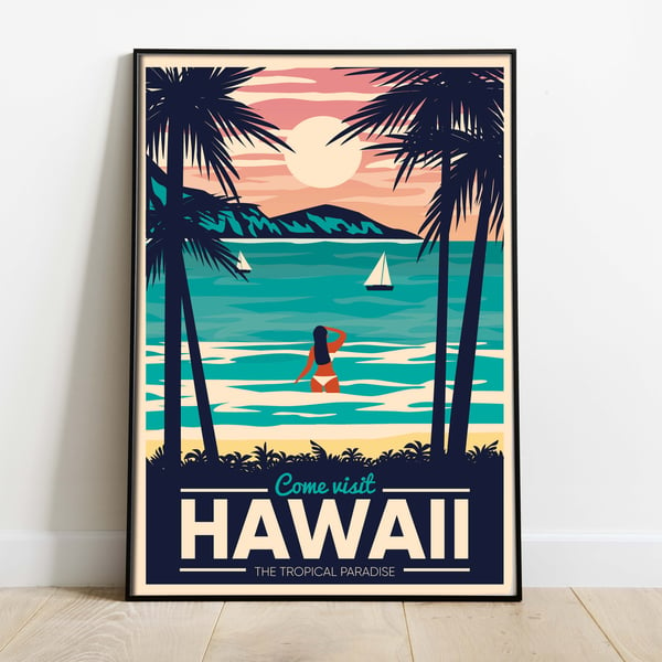 Hawaii retro travel poster, Hawaii paradise wall print, retro wall art
