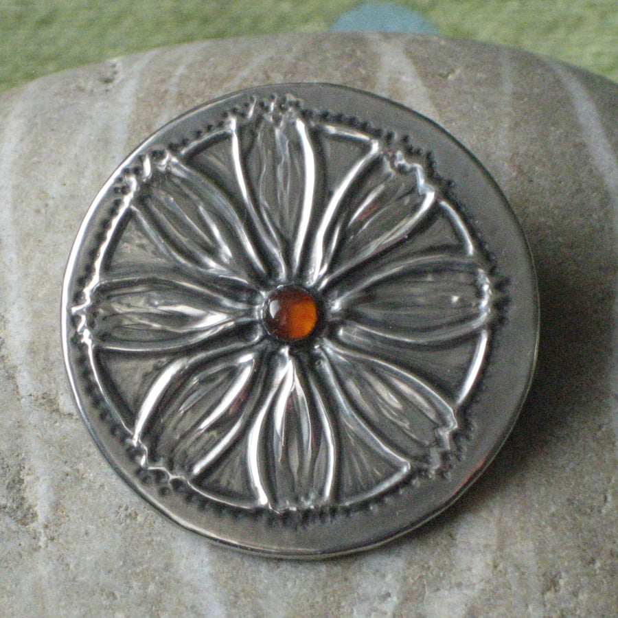 Reduced! Cosmos Flower Amber Brooch in Silver  Pewter