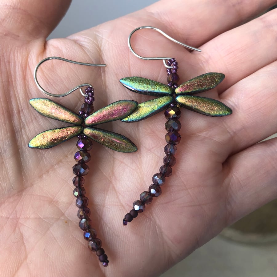 Pink Green & Gold Beaded Dragonfly Earrings, Bead Woven, Sterling silver hooks