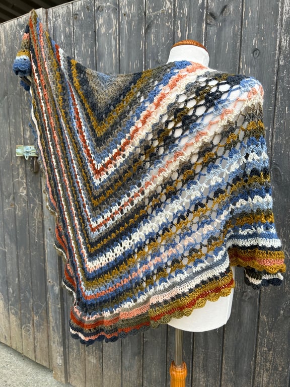 Autumn hues wool rich lace crochet triangle wrap shawl 