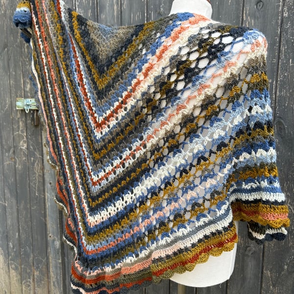 Autumn hues wool rich lace crochet triangle wrap shawl 