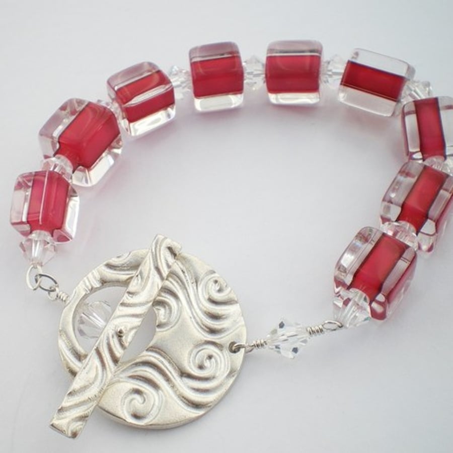 Pink Glass and Silver Toggle Bracelet